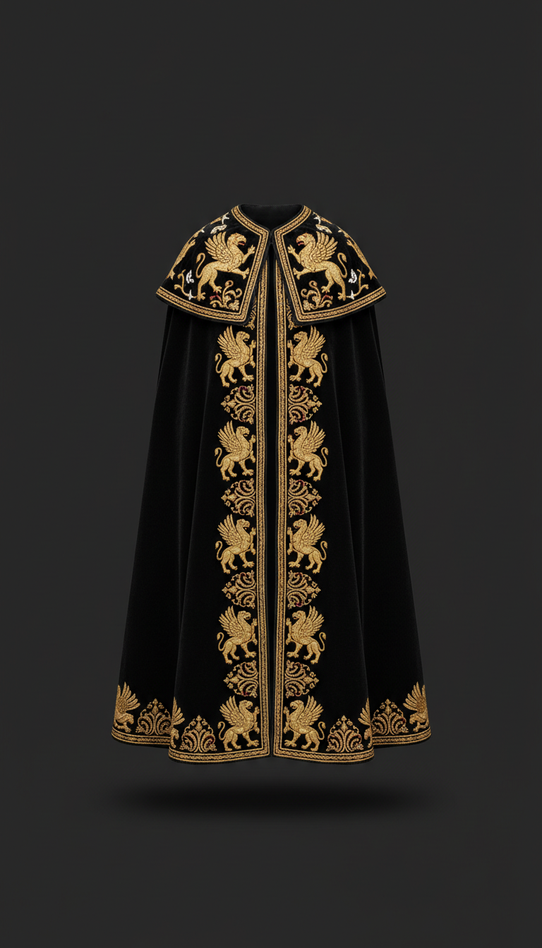 Obsidian Velvet Cape with Gold Embroidery