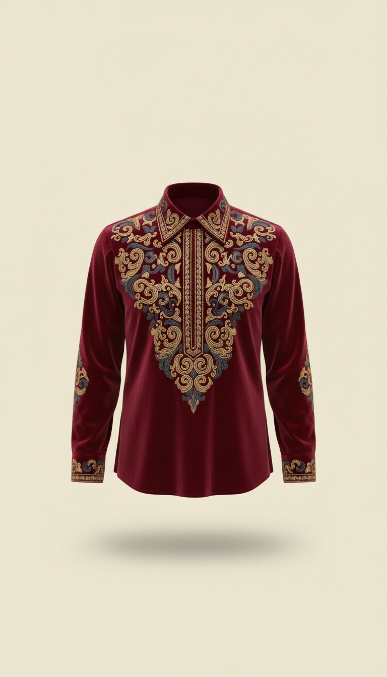 Burgundy Velvet Embroidered Shirt
